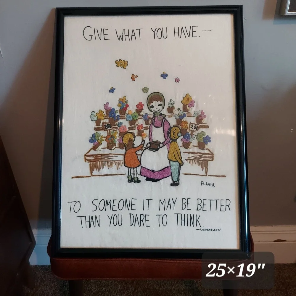 Vintage Flavia Embroidered Art Cute Longfellow Quote Flower Market Framed 25x19